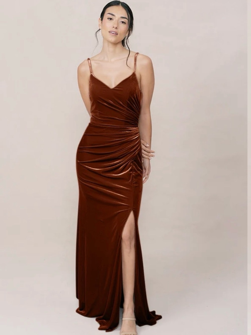 Revelry Rory Rust Velvet Fall Bridesmaid Gathered Side Slit Maxi Dress. Size 6